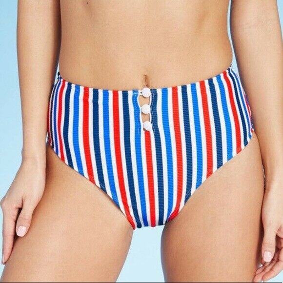Xhilaration Ribbed Button-Front High Waist Bikini Bottom Small Red White Blue - Picture 1 of 7